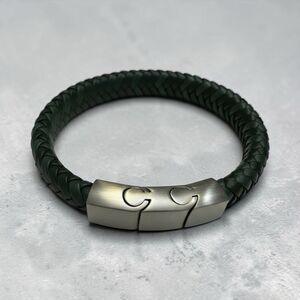 Blackjack Mens Black Leather Stainless Steel Braided Green/Black Bracelet NWT
